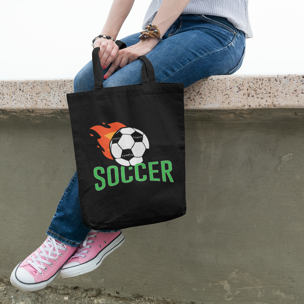 inspire Soccer Ball with Flames Eco Tote Bag EZ Awareness By Design