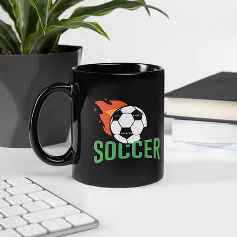 inspire Soccer Ball with Flames Black Glossy Mug