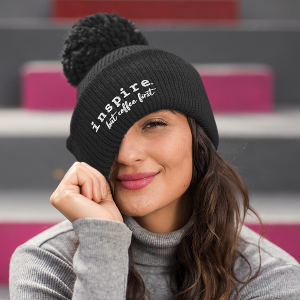 inspire But Coffee First Pom-Pom Beanie