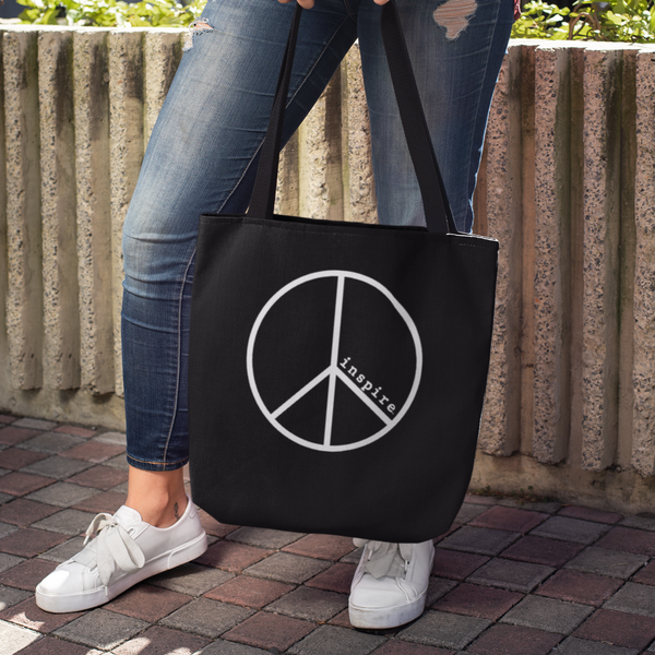 inspire Peace Sign White Print Eco Tote Bag