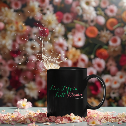 inspire Live Life In Full Bloom Black Glossy Mug