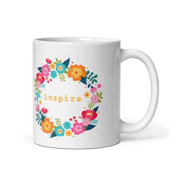 inspire Floral Wreath White glossy mug