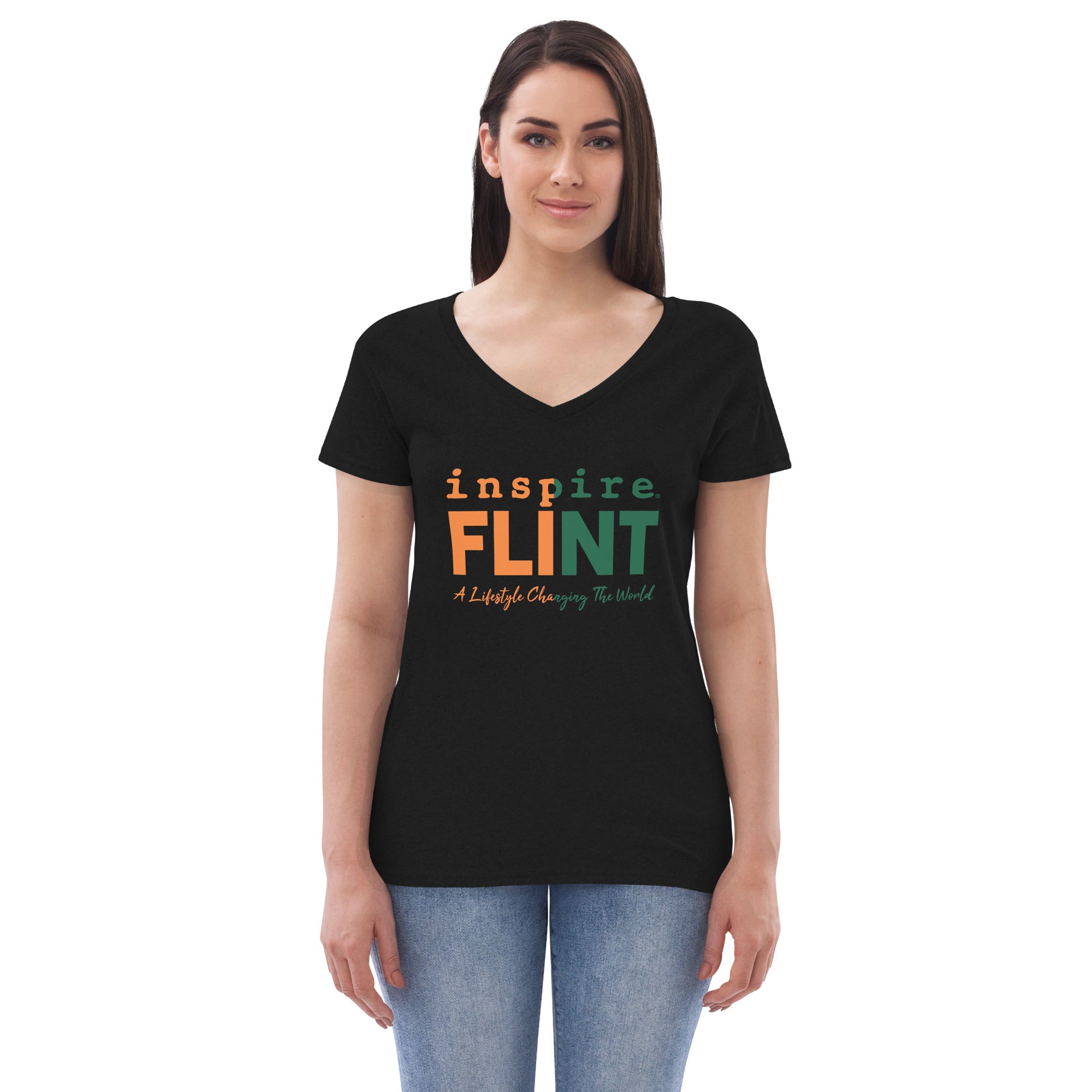 inspire Flint Green and Orange Women’s recycled v-neck t-shirt