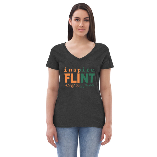 inspire Flint Green and Orange Women’s recycled v-neck t-shirt