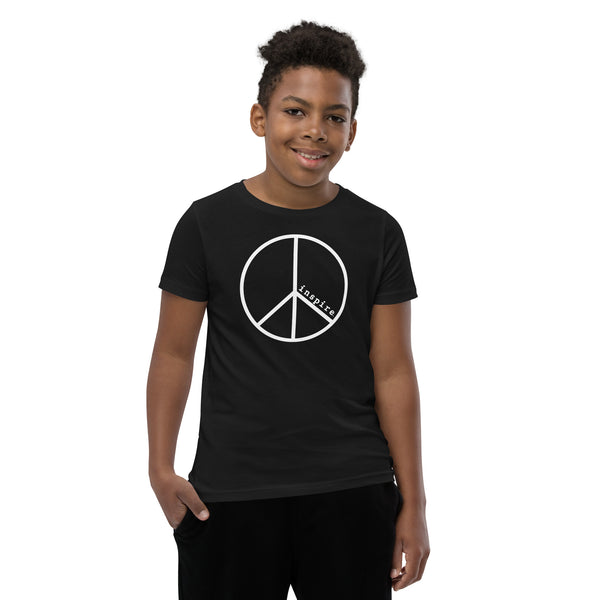 inspire Peace Sign White Print Youth Short Sleeve T-Shirt