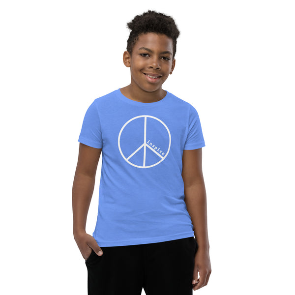 inspire Peace Sign White Print Youth Short Sleeve T-Shirt