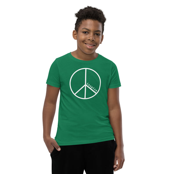 inspire Peace Sign White Print Youth Short Sleeve T-Shirt