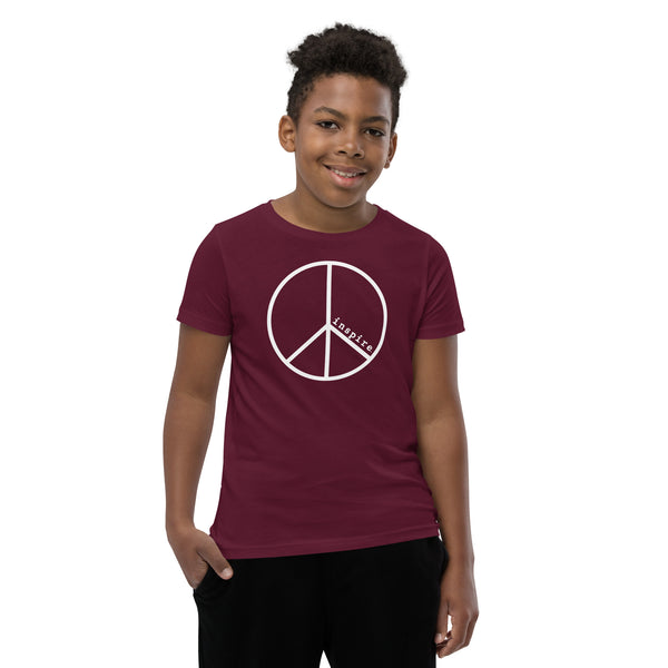 inspire Peace Sign White Print Youth Short Sleeve T-Shirt