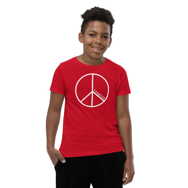 inspire Peace Sign White Print Youth Short Sleeve T-Shirt