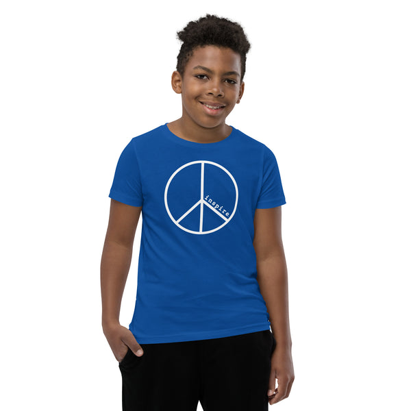 inspire Peace Sign White Print Youth Short Sleeve T-Shirt