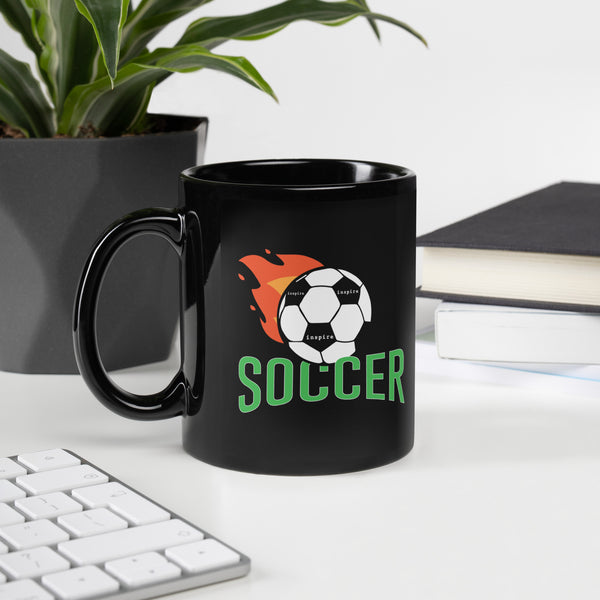 inspire Soccer Ball with Flames Black Glossy Mug