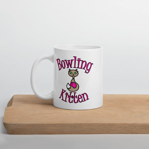Bowling Kitten White glossy mug